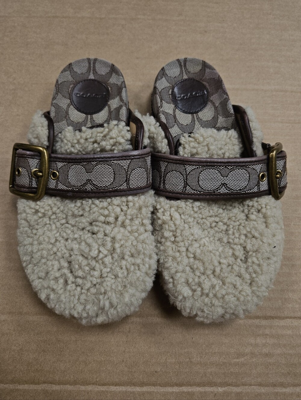 Coach Cream Shearling Clogs Mules Brown Signature Strap Buckle Size 6
